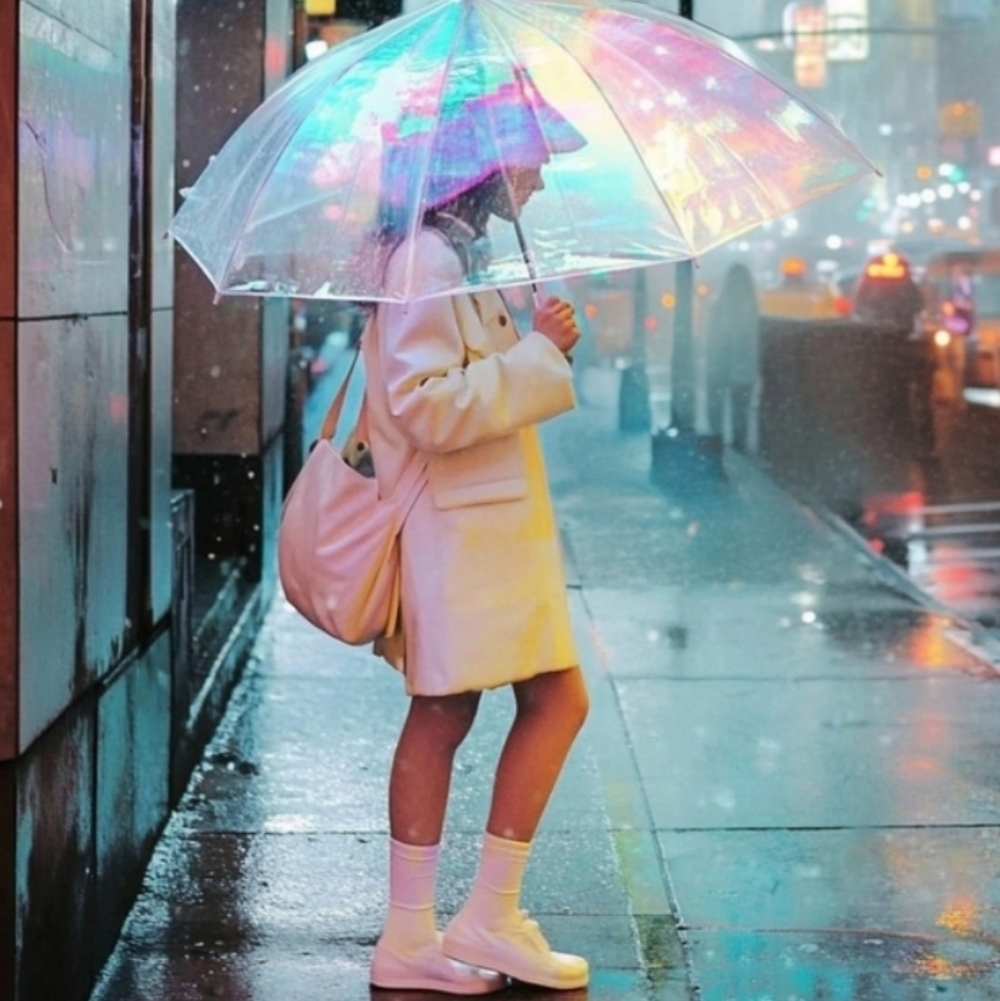 Colorful Iridescent Holographic Umbrella with White Handle